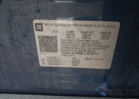 2020 Chevrolet Trax 1Lt z USA, uszkodzony, nr VIN 3GNCJLSB8LL113574